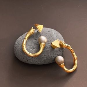 ALEXIS BITTAR • Pearl Capped Liquid Gold Molten Metal Open Hoop Post Earrings